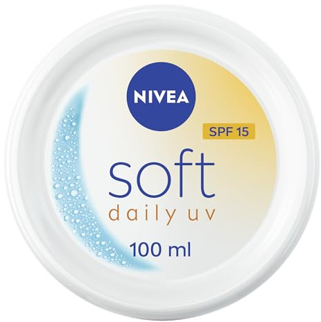 NIVEA Soft Daily UV LSF15 (100ml), 48H Feuchtigkeitscreme für Gesicht, Körper und Hände mit Vitamin E und Jojobaöl, Handcreme mit Faktor 15 Sonnenschutz spendet Feuchtigkeit tief, Vegane Formel