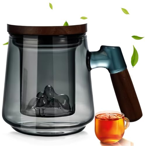 Teetasse mit Deckel und Sieb, Teeglas mit Sieb, Teekanne Glas, 500ml Teeglas für losen Blatttee, Blühtee, Teekanne mit Siebeinsatz, Große Tasse für Teeliebhaber, Tee Becher mit Holzgriff