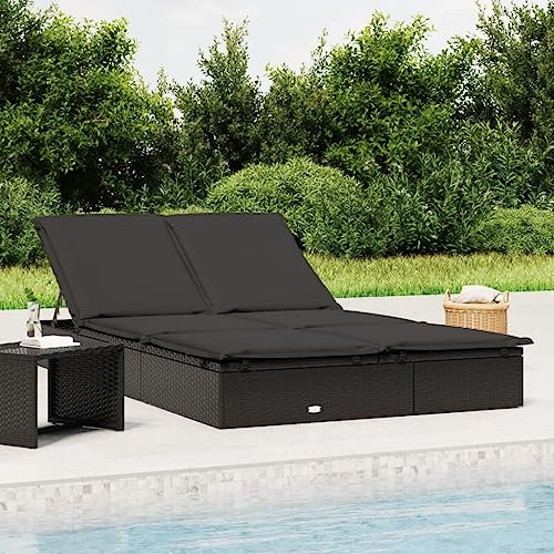 Holamys Gartenliege für Zwei Personen aus wetterfestem PE-Rattan, verstellbar, schwarz, perfekt für Balkon und Poolbereich