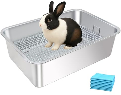 HUQIZOO Stainless Steel Rabbit Litter Box,Bunny Litter Pan with Grid,Toilet Tray,Deep Waste Storage