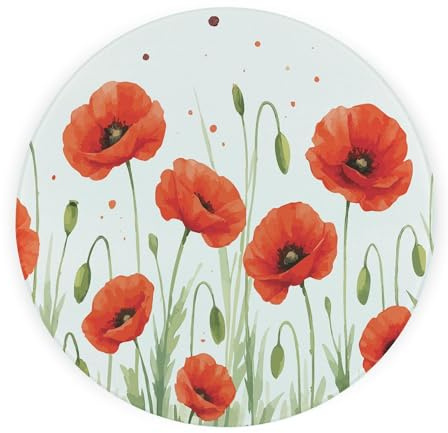 Summer Poppies Round Glass Worktop Saver - Red Floral Kitchen Gifts - Textured Chopping Board/Protector Non-Slip Feet 30cm x 30cm (12 x 12)