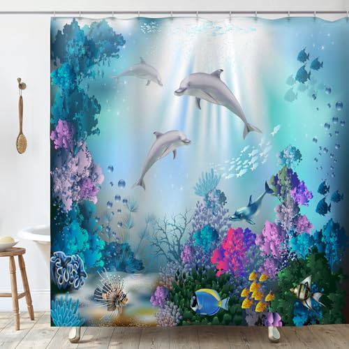 OCEUMACO Delfini Tenda Doccia Antimuffa 240x200 Grande Tessuto Poliestere Tenda per Doccia Pesci Oceano Blu Stoffa Impermeabile Tende Vasca da Bagno con Anelli Lavabile in Lavatrice