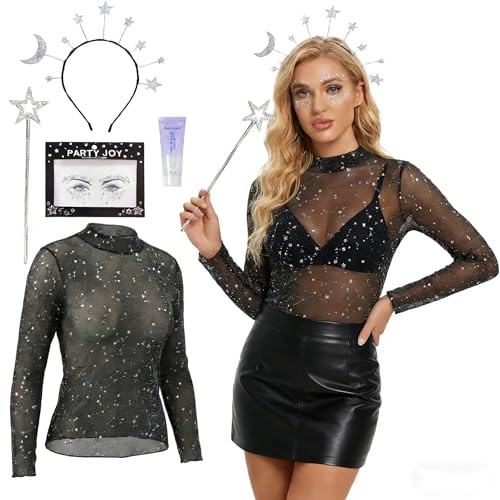 5 Stück Karneval Kostüm Sonne Mond Sterne, Glitzer Oberteile Damen, Mesh Oberteil Damen Transparentes, Glitzer Netzoberteil Erwachsene, Haarreif Sterne Silber, Glitzernder Silberner Sternstab (S)