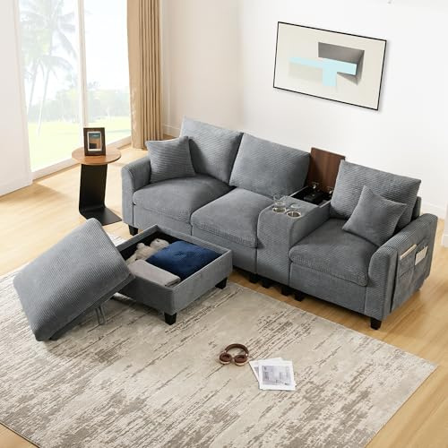 Luscriate L-Form Ecksofa mit Konsole & USB, Cord Sofa mit Becherhaltern, Stauraum-Hocker, Komfortsofa für kleine Räume (Grey, 4-Sitzer)
