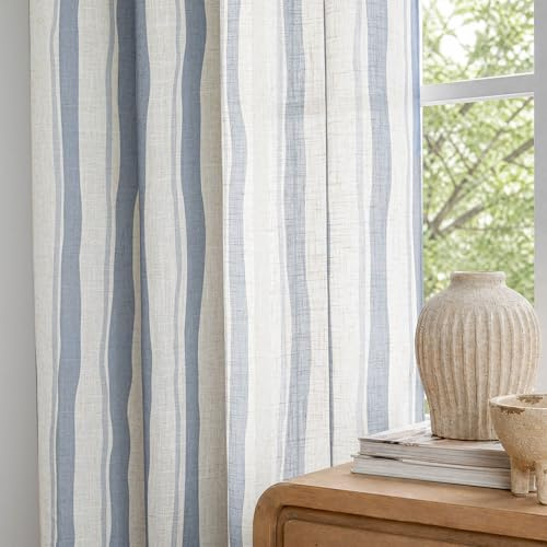 Ösen Vorhänge Blau Leinen Wellen mit Streifen Gardinen Halbtransparent-H225 x B140 cm für Vorhang Wohnzimmer Schlafzimmer Kinderzimmer Gardine Modern Ösenschal Leinenoptik Linen Curtains 2er set
