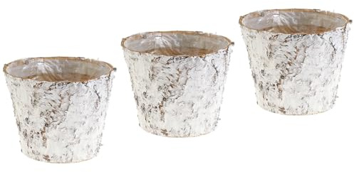 Viana Topf mit Birkenrinde geweißter Pflanztopf Ø15cm H12,5cm 3er-Set Deko Weihnachts-Deko Shabby Vintage, 3 Stück