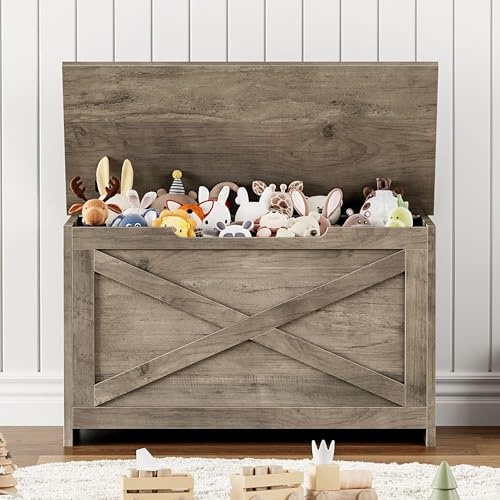 Garvee Holz Aufbewahrungsbank 76 cm mit Sicherheits-Scharnier – Landhausstil Truhe, Sitzbank, Spielzeugkiste & Schuhbank – Für Flur, Wohnzimmer, Schlafzimmer – Farbe: Washed ash