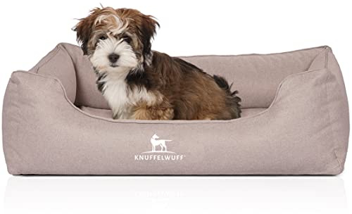 Knuffelwuff Orthopädisches Hundebett Luisa aus Velours mit feinem Handwebcharakter Sunshine Edition S 70 x 50cm Beige - Abnehmbarer Bezug - waschbar - für große, mittelgroße und kleine Hunde