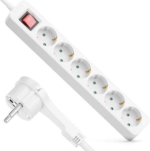 deleyCON 6-Fach Steckdosenleiste Flachstecker Schalter 3,0m - Weiß | Mit ON/OFF Schalter, ideal hinter Möbeln, Mehrfachsteckdose Stromkabel Verteiler Verlängerung Stromleiste, 3680W 16A