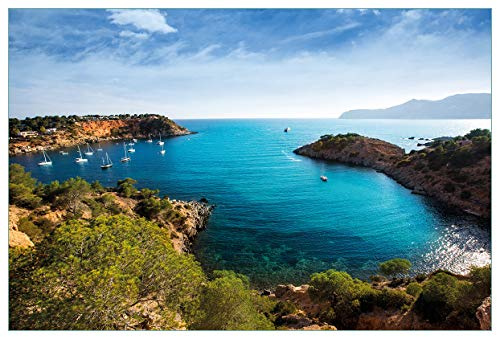 Wallario Küchenrückwand selbstklebend 90 x 60 cm, Motiv: Ibiza - Blick von Einer Bucht aufs Meer | Spritzschutz abwischbar & pflegeleicht