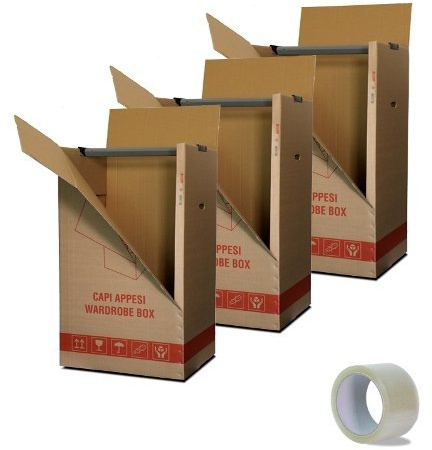 Kit de 3 cajas guardarropas de cartón Dimensiones: 50 x 60 x 111 con perchero + 1 cinta adhesiva de regalo