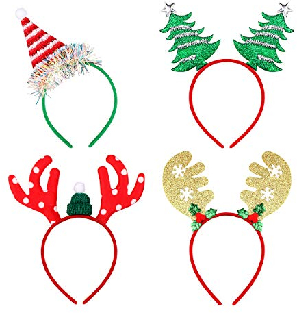 Amosfun 4 Stücke Glitzer Weihnachtsmütze Weihnachtsbaum und Rentier Geweih Haarreif Weihnachten Haarschmuck Kopfschmuck Kopfbedeckung Kinder Erwachsene Party Kostüm Zubehör(zufälliger Stil)