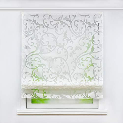 Joyswahl Voile Raffrollo mit Klettschiene Romantsiches Ausbrenner Design mit Druck Raffgardine Schals Fenster Vorhänge BxH 100x140cm Weiß 1er Pack