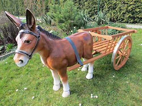 XL Premium Esel mit Holzkarre Wagen 170x90cm inkl. Kutsche Garten Deko Figur