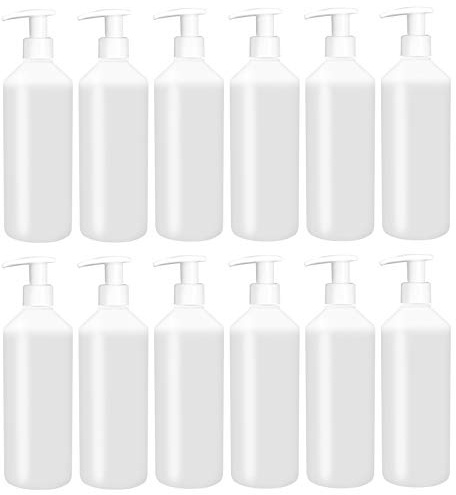 500ml Empty Refillable HDPE Solvent Resistant Plastic Bottles Lotion Pump for Sanitiser, Shampoo, Conditioner (Pack of 12)