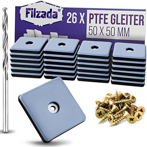 Filzada® 26x Teflongleiter zum Schrauben - 50 x 50 mm (eckig) - Möbelgleiter/Teppichgleiter PTFE (Teflon) inkl. Schrauben