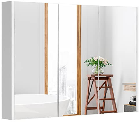 GOPLUS Armoire Murale Salle de Bain avec Miroir, 3 Portes et 3 Etagères Hauteur Réglable, Meuble de Rangement de Toilette, 90 x 11 x 65 CM, Blanc
