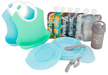 Twistshake Kindergeschirrset Click-mat Mini mit 2x Lätzchen, Trinklernflasche, 6x Quetschies, BPA Frei, Blau, Grün, Junge, 3, 78817