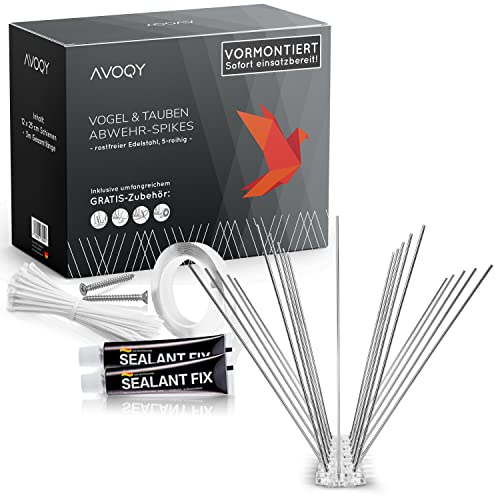 AVOQY Premium Taubenabwehr-Spikes 5-REIHIG, 3 Meter [VORMONTIERT], Rostfrei, GRATIS Befestigungsmaterial, Vogel-Abwehr Balkon, Tauben-Spikes Vogel-Schutz Tauben-Schutz Taubenschreck Vogelschreck