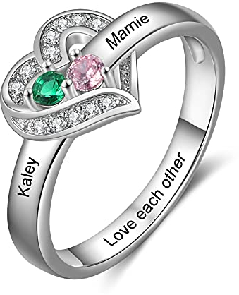 Glooraca Personalisierte Geburtssteine ​​Ring Damenringe mit 1-8 simulierten Geburtssteinen mit Namen 925 Sterling Silber Herz graviert Verlobungsversprechen Ehering Geschenk für Frauen