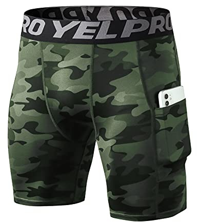 Yishengwan Herren Kompressionsshorts Tights Kurz Schnelltrocknendes Atmungsaktiv Sport Unterhosen Männer Leggings Kurz mit Handytasche Camo Grün XL