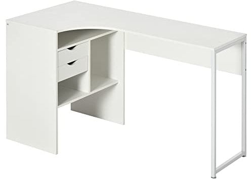HOMCOM L Shaped Desk, 120cm Computer Desk, Corner Desk with 2 Drawers and 3 Storage Compartments for Home Office, Study Workstation, White