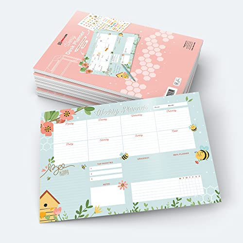 Imagicom Bee Weekly - Planificador de mesa con cuadrícula semanal, 54 hojas de arrancar + 1 hoja de pegatinas, perpetuo, tamaño A3, ideal para el hogar y la oficina, diseño de abejas, multicolor