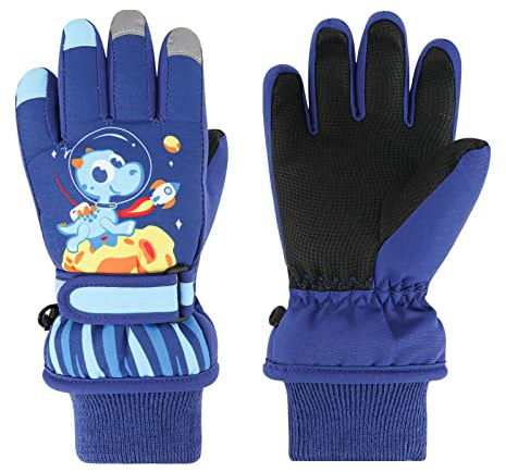 QKURT Guanti da Sci per Bambini, Guanti Caldi Invernali Ragazza Ragazzo Guanti da neve per Bambini con Modelli di Dinosauro Guanti Sportivi all'aperto per Bambini