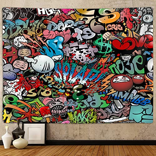 Hippie-Graffiti-Wandteppich für Schlafzimmer, Hip-Hop-Musik, Rap-Kunst, bunt, klein, Wandbehang, Studentenwohnheim, Wohnzimmer, Büro, coole Trippy 80er 90er Jahre Jungen Dekor 60 x 40 Posterdecke