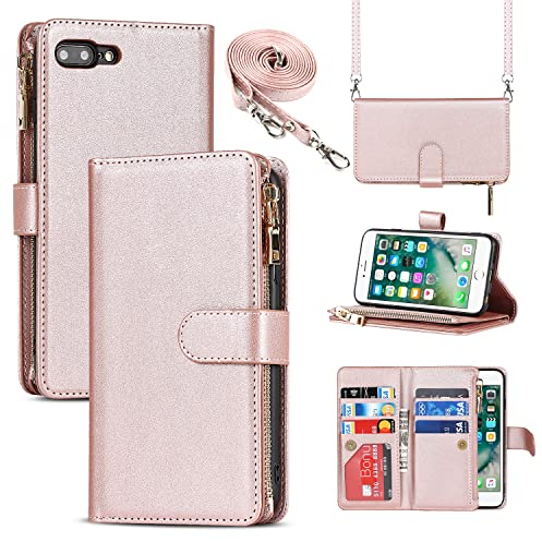 CAVOR Handykette Handyhülle kompatibel mit iPhone 7 Plus/8 Plus Hülle Mit Band,Flip Leder Geldbörse Hülle Mit Kette,[9 Kartenfach][Doppelte Schnalle],Umhängeband Klapphülle Handytasche - Roségold