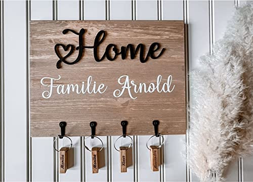 Schlüsselbrett Holz mit Haken personalisiert mit Namen, Schlüsselboard inklusive Schlüsselanhänger, individuelle Wanddekoration