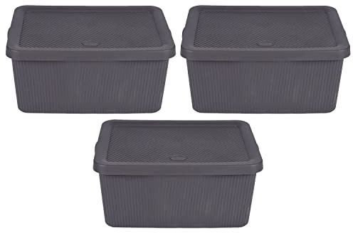 Set of 3 Small 7L Plastic Knitted Storage Basket with Lid, Stackable Organiser Lidded Bin Box for Nursery, Kids, Closet, Shelf and Bathroom (Bottle Grey)