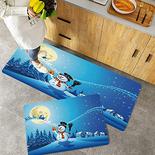 Küchenteppich Teppich Läufer Küchenläufer 2 Stück rutschfest,Weihnachten, verschneite Landschaft Kiefernhäuser Sternenhimmel Vollmond und Weihnachtsman, Waschbar für Flur Küche 40 x 100 cm+40 x 60 cm