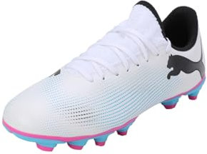 PUMA Future 7 Play FG/AG Jr, Soccer Shoe Unisex-Bambini, White Black-Poison Pink, 28 EU
