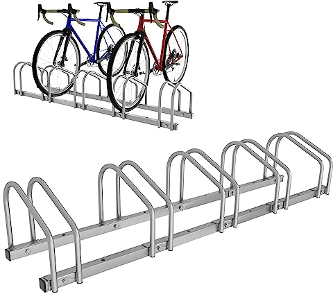 Ansobea Râtelier à vélo pour 5 vélos Largeur de pneu 35-55 mm Support de vélo Montage facile Acier galvanisé 130 x 32 x 26 cm Argenté