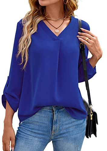 Yommay Langarm V Ausschnitt 3/4 Sleeve Oberteil Shirts Basic Casual Langarmshirts Ladies Chiffon Tops Longshirt(königsblau,EU S)