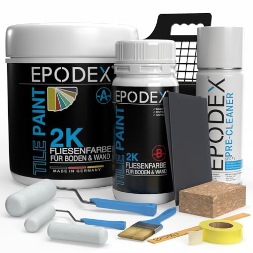 EPODEX 2K Fliesenfarbe Badezimmer & Küche mit Zubehör - Eisengrau | Hochwertige Farbe für Wand- und Bodenfliesen, wasserfester & abriebfester Fliesenlack, 1,8kg - 7m² für 2 Anstriche