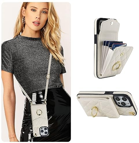 QLTYPRI Crossbody Wallet Case for iPhone 14 Pro Max, PU Leather Phone Case with RFID Blocking Card Slots Holder Ring Kickstand Wrist Strap Lanyard Handbag Purse Cover for iPhone 14 Pro Max - White