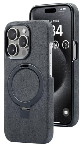 AKANTRA Alcantara Hülle für Apple iPhone 15 Serie, handgefertigte halb gewickelte Kunstlederhülle, magnetischer Haltering Kompatibel mit Magsafe Wireless Charging (iPhone15 Pro, Schwarz)