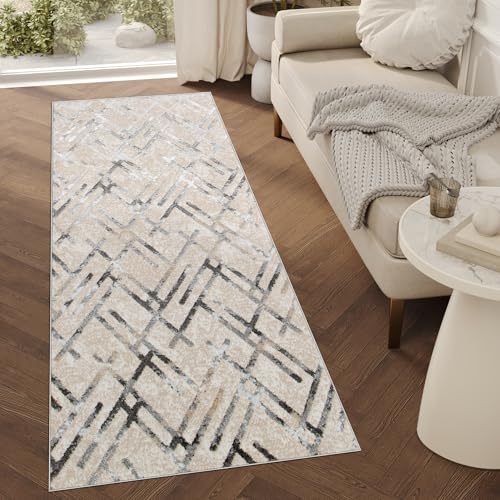 TAPISO Crystal Teppich Läufer Glänzend Grau Beige Schwarz Modern Gitter Verwischt Muster Wohnzimmer Schlafzimmer Flur Eingang ÖKO-TEX 100 x 500 cm