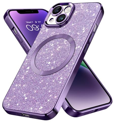 GaoBao Magnetic Case for iPhone 14 6.1-Inch Compatible with MagSafe Wireless Charging, Glitter Luxury Cute Flexible Plating Cover Camera Protection Shockproof Phone Case for Women Girl Men-Purple