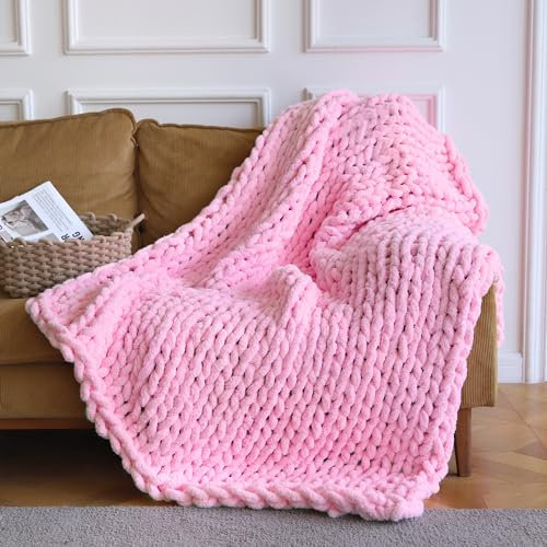 Pink Chunky Knit Throw Blanket, 50x60'' Soft Light Hand Knitted for Couch, Bed, Sofa - Thick Boho Cable Knit Yarn Throws for Women, Easter