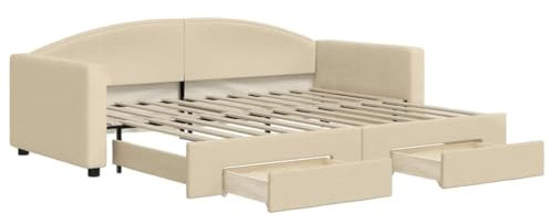 Willood Tagesbett Bettsofa Sofa Bett Sofabett Schlafsofa Bettgestell Ausziehbar mit Schubladen Creme 90x200 cm Stoff