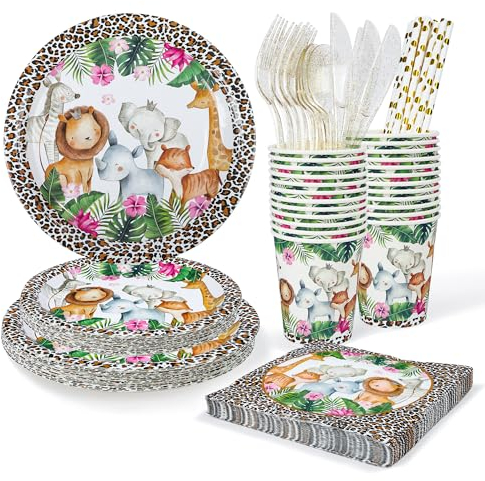 fanquare Jungle Safari de Vaisselle de Fête 192 Pièces Mignon Léopard Vaisselle Assiettes en carton Tasses Serviettes de Fête d'Anniversaire pour 24 Invités