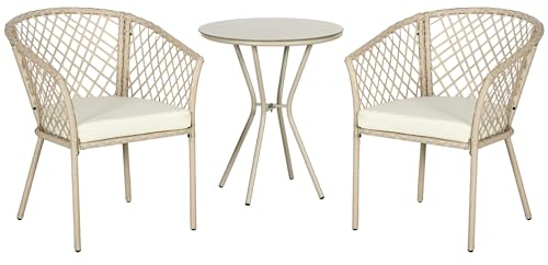 Outsunny Salon de Jardin bistrot, Ensemble bistrot de Jardin 3 pièces 2 fauteuils avec Coussins Table d'appoint Ronde métal, Verre trempé, Corde tressée en résine Effet rotin, Beige