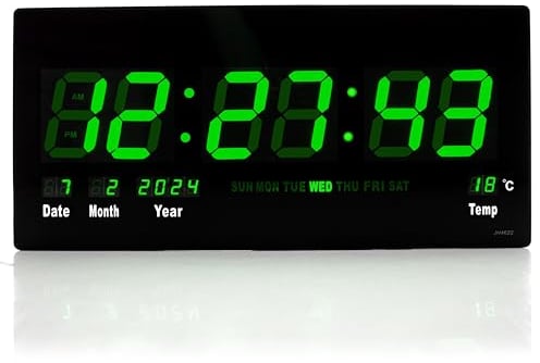 TruWare Just Camp Wanduhr Digital Groß LED Uhr mit Kalender Temperaturanzeige Studiouhr für Gewerbe Cafes Kiosk Hallen Digitaluhr XXL (Grün)