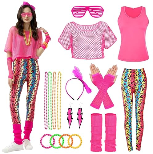 HIQE-FL 80er Jahre Damen Outfit - Damen 80er Jahre Workout Kostm mit Bauchtasche, 4 Perlen Neonhalsketten fr Karneval, Fasching, Mottoparty