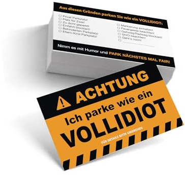 EppoBrand 30x Achtung Ich parke wie ein Vollidiot Lustige Wasserfeste Karten für Parken oder Streich lernen