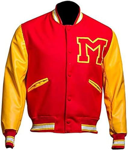 AAOutfitz Mj M Logo Bomber Wool Red Yellow Sleeves Jacket, Rot und Gelb – Kunstärmel, L