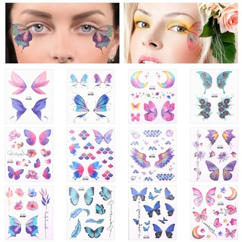 12 Feuilles Halloween Ephemere Temporaires Paillettes Visage Paillettes Papillon Faux Tatouages Autocollants pour femme Noël Fête Festival Anniversaire
